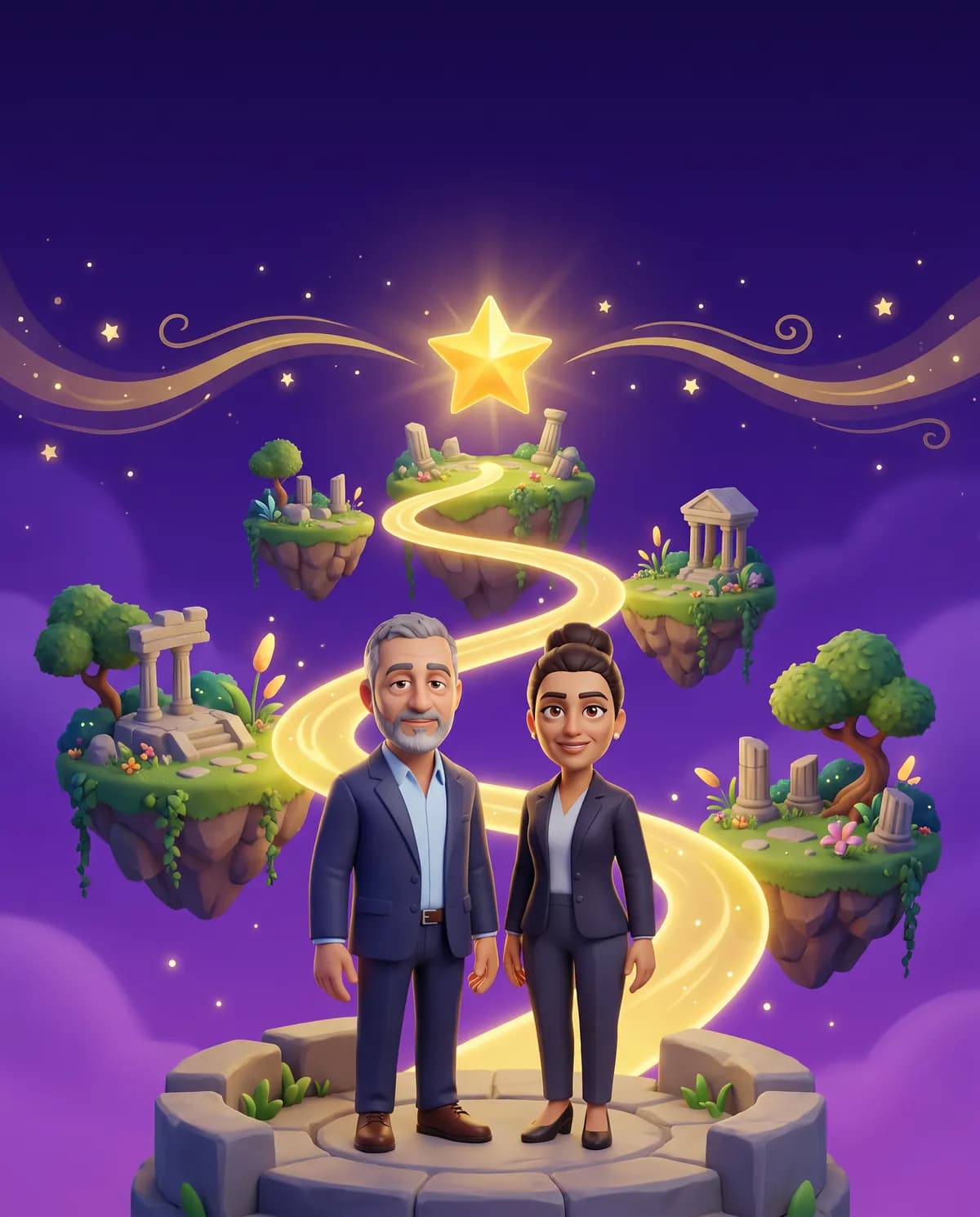 Khaled and his manager at the start of a glowing path through floating islands